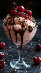 Cherry Sundae: A close-up shot showcases a delightful cherry sundae, a sweet and tempting dessert with fresh cherries and a dark chocolate drizzle