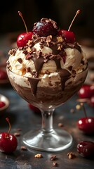 Sweet Temptation: A delectable ice cream sundae with a chocolate and cherry theme, offering a visual treat for dessert lovers. A symphony of flavors