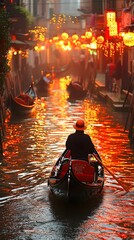 Obraz premium Venetian Gondola Serenade: A gondolier steers his traditional boat through the enchanting canals of Venice, illuminated by the warm glow of lanterns, creating a romantic and timeless atmosphere.