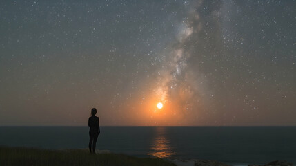 Fototapeta premium A lone figure stands gazing at a horizon where the sea meets a sky filled with stars and a glowing celestial body above