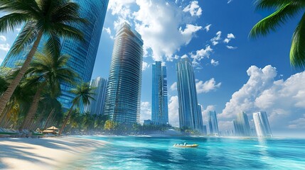 Obraz premium Luxury high-rise buildings framed by a sunny beach backdrop, turquoise water meeting the shoreline, bright blue skies reflecting off glass facades, tropical and inviting. 