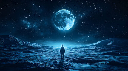 A lone figure stands on a rippled landscape under a giant moon and starry sky bathed in blue light