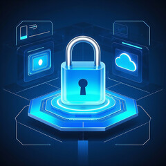 A digital security or cybersecurity concept. Central lock icon, Data protection, Privacy, Secure access, 
Virtual environment, Cybersecurity platforms, Secure file sharing, Cloud data protection.