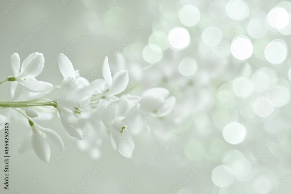 Poster a delicate branch of white flowers with bokeh lights creating a soft and ethereal background effect