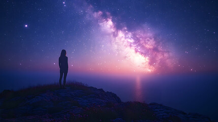 A lone silhouette gazes at a vibrant star-filled night sky over calm water on a rocky cliff adorned with lush greenery