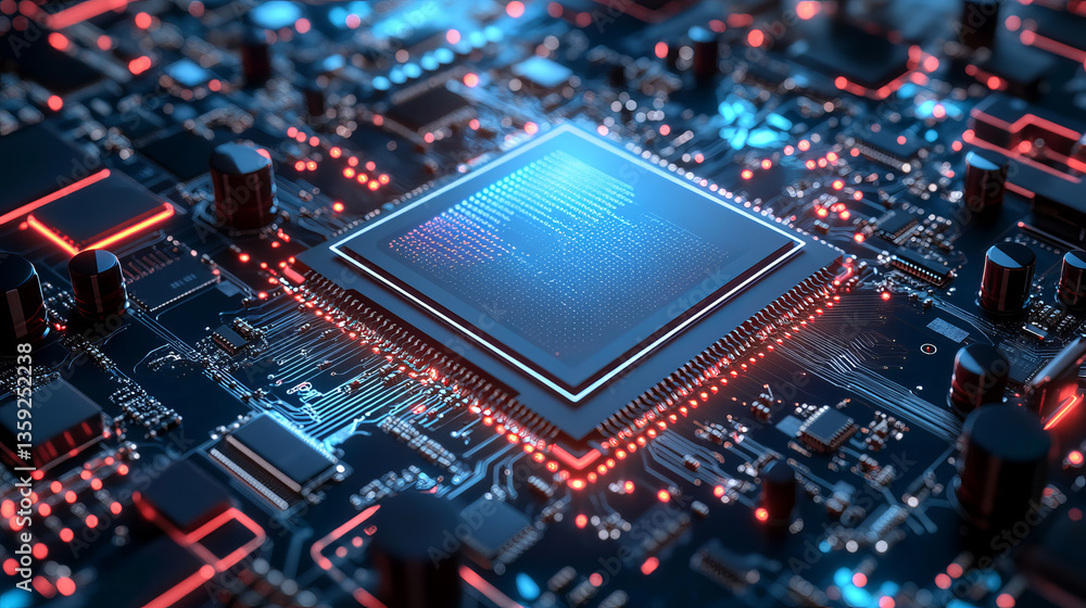 Poster artificial intelligence and future processor. big data concept. computer mind and quantum architectu