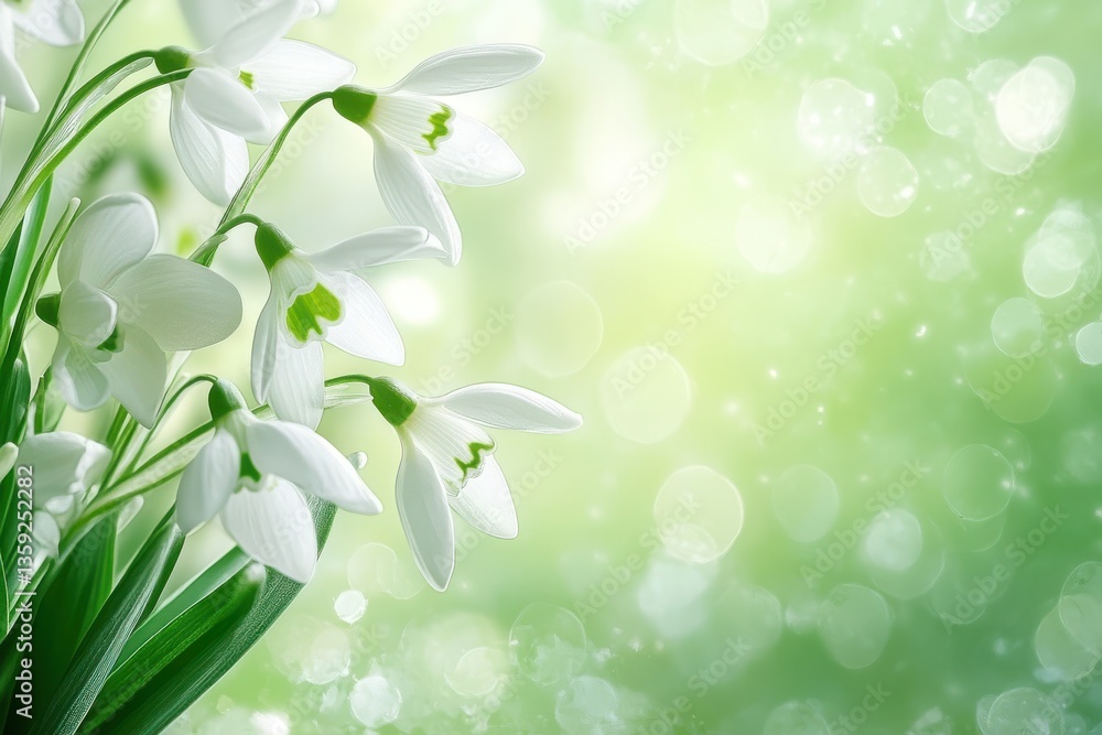 Poster snowdrops in soft focus against a bright green bokeh background creating a serene and peaceful scene