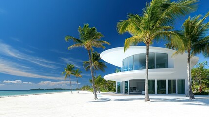 Fototapeta premium Luxury seaside home, curved white roof and expansive windows framed by tropical palms, set on a tranquil white sand beach under bright blue skies 