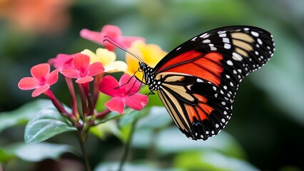 Fototapeta premium A vibrant monarch butterfly perched on colorful flowers in a lush, green environment. Concept Monarch Butterfly, Colorful Flowers, Lush Green Environment, Nature Photography, Wildlife Beauty