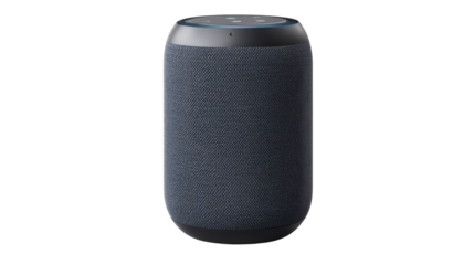 Modern Audio Marvel: A sleek, dark blue smart speaker, epitomizing modern technology and premium design. Its minimalist form blends seamlessly into any environment.