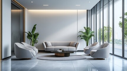 A contemporary waiting area with a refined interior design, featuring a chic sofa, chairs, and a coffee table in a spacious, brightly lit hallway.
