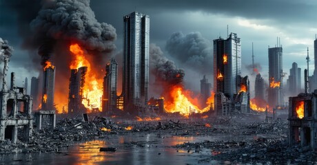 Obraz premium High tech silver and black apocalyptic city survival game app icon with burning skyscrapers and ruins realistic detailed glossy style round square shape modern app icon bold vibr