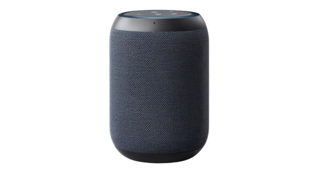 Modern Audio Marvel: A sleek, dark blue smart speaker, epitomizing modern technology and premium design. Its minimalist form blends seamlessly into any environment.