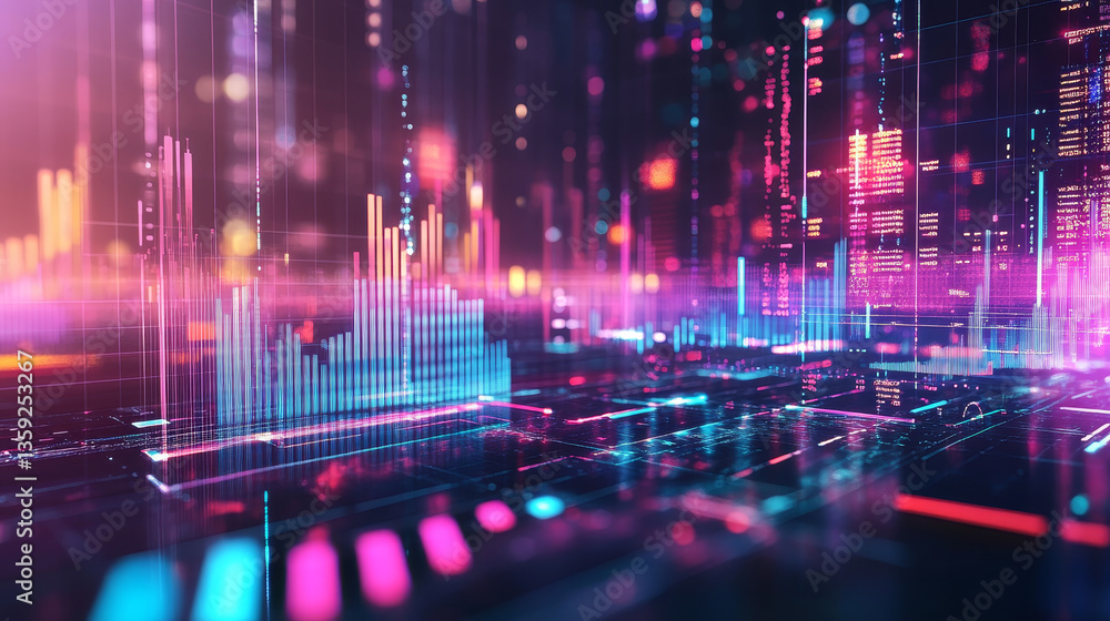 Poster business in cyberspace. data analysis. graphs and charts of the dynamics of development. 3d illustra