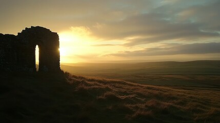 Ancient stone ruins silhouetted during a beautiful sunrise over a hill
