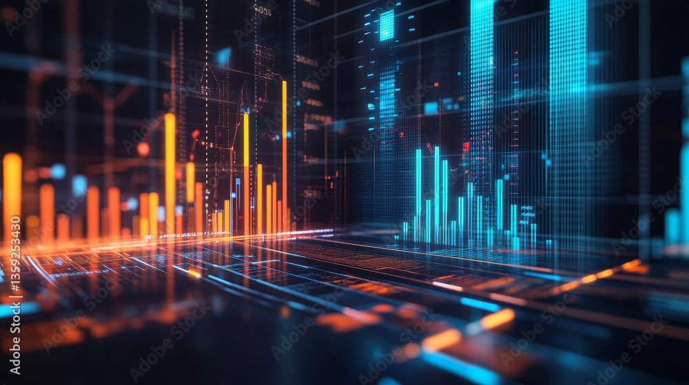 Poster business in cyberspace. data analysis. graphs and charts of the dynamics of development. 3d illustra