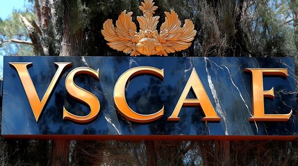 Gold lettering on a black marble sign with ornate crest.