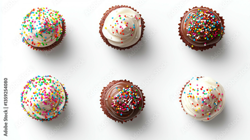 Poster assorted cupcakes with buttercream frosting and colorful sprinkles on white background