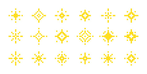 Collection of pixel star sparkle icons in a bright yellow color on a white background. 8 bit shiny game pixel art effect. Y2K stars in retro style. Vector illustration 