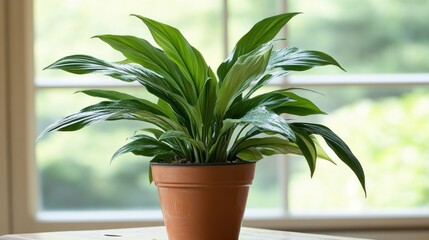 A vibrant green houseplant sits potted near a window on a table