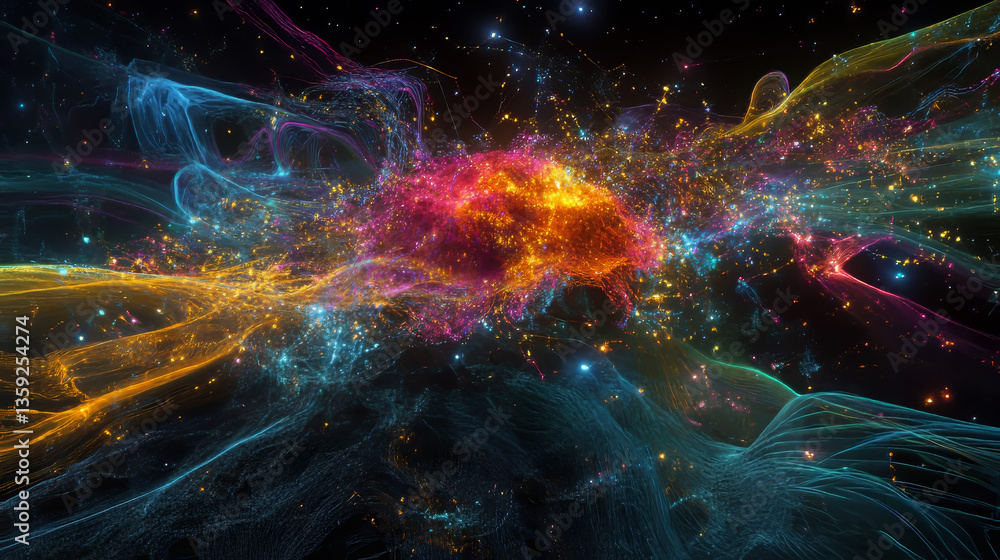 Poster artificial intelligence. big data core. neon light pulsing mind. abstract concept of computer neural