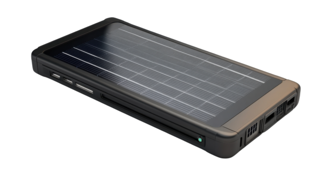 Solar Charger: Modern technology meets eco-conscious design in this photorealistic depiction of a sleek solar charger.