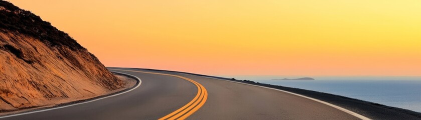 A winding coastal highway curves towards the beautiful ocean at sunset