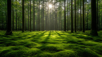 Obraz premium A lush forest floor covered in green moss sunlight filters through tall trees creating light and shadow Tranquil wood
