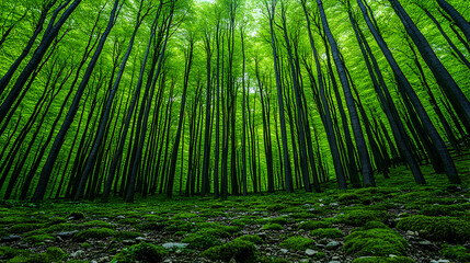 Fototapeta premium A lush forest floor covered in vibrant green moss with tall slender trees reaching towards the sky filtering sunlight