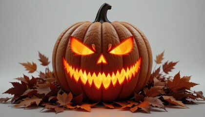 Carved Halloween Pumpkin with Glowing Eyes and Sharp Teeth on Leaves