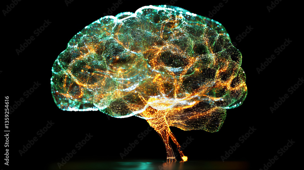 Poster digital mind, artificial intelligence, machine consciousness 3d illustration. computer brain and neu