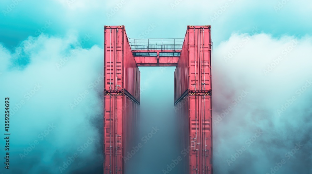 Poster Enigmatic Red Container Structure in Misty Atmosphere
