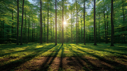 Naklejka premium A lush forest scene with tall dark trees bright green leaves and sunlight streaming through creating long shadows on