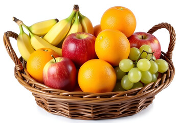 Fresh fruit basket with bananas, apples, oranges, and grapes, showcasing vibrant colors and healthy variety. Perfect for nutritious snack or decoration
