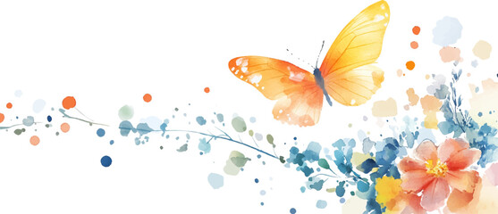 Watercolor floral and butterfly tattoo design clip art set, isolated on a white background.