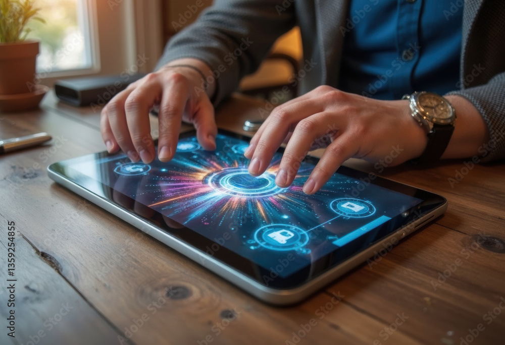 Poster hands interacting with a tablet displaying futuristic digital interface