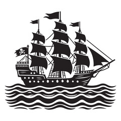 Pirate ship silhouette sailing on ocean with skull flag vector