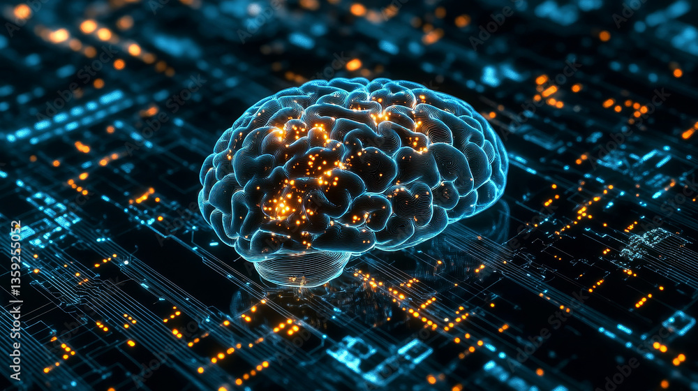 Poster digital mind, artificial intelligence, machine consciousness 3d illustration. computer brain and neu