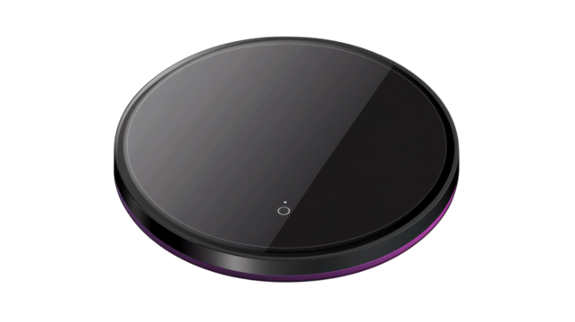 Wireless Charger: A sleek, modern wireless charger, presented with a clean, high-angle shot showcasing its elegant design. The dark, glossy surface reflects light.