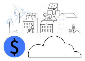 Urban setting with solar panels, wind turbines, trees, and eco-buildings highlighted by a dollar sign and a cloud. Ideal for sustainability, green energy, urban planning, eco-finance, renewable