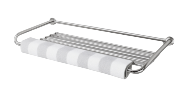 Sleek Towel Rack: A modern towel rack made of shiny steel, features a neatly rolled towel, a touch of minimalistic design.
