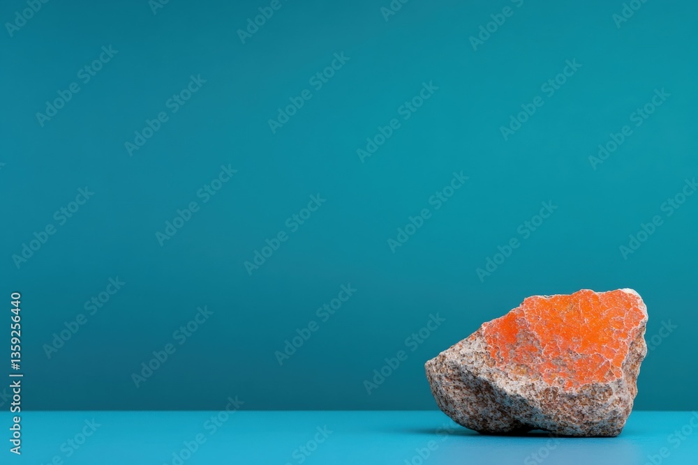 Poster unique red bumpy stone showcases rough texture against a vibrant blue backdrop in a creative artisti