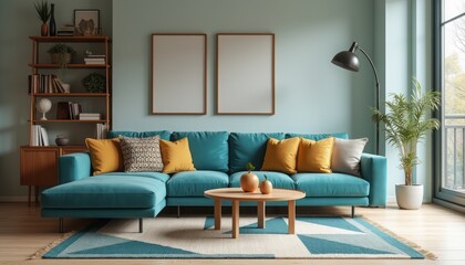 Fototapeta premium This inviting living room features a chic teal sofa adorned with mustard yellow and patterned cushions, creating a cozy atmosphere. A round coffee table sits on a geometric rug, complemented by