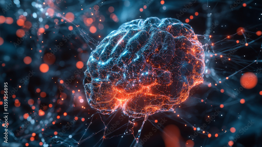 Poster 3d render art poster. nanotechnology in virtual reality. neural structure of artificial intelligence