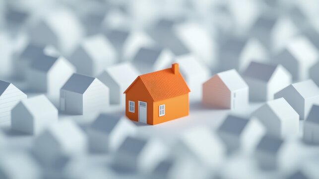 Single orange house among many white houses
