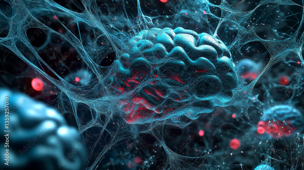 Poster 3d render art poster. nanotechnology in virtual reality. neural structure of artificial intelligence