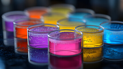 A Rainbow of Experiments: An assortment of vibrantly colored liquids bubbles within transparent beakers, meticulously arranged in a scientific setup.