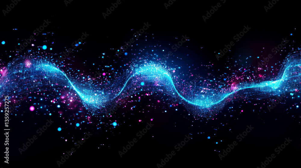 Poster hi-tech, sci-fi 3d illustration abstract musical beat. sound wave in field of big data particles. da