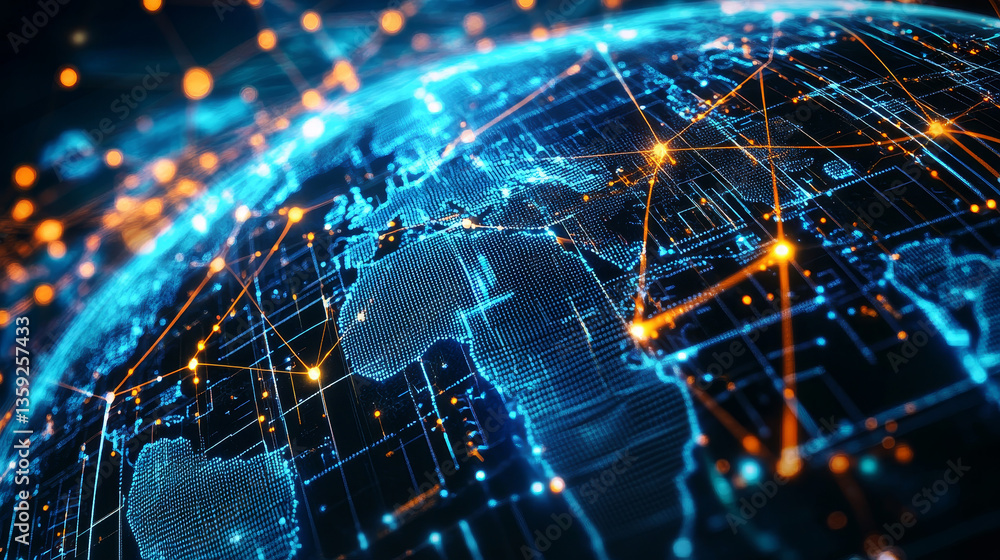 Poster artificial intelligence and wireless technology. global digital network. internet data security. 3d 