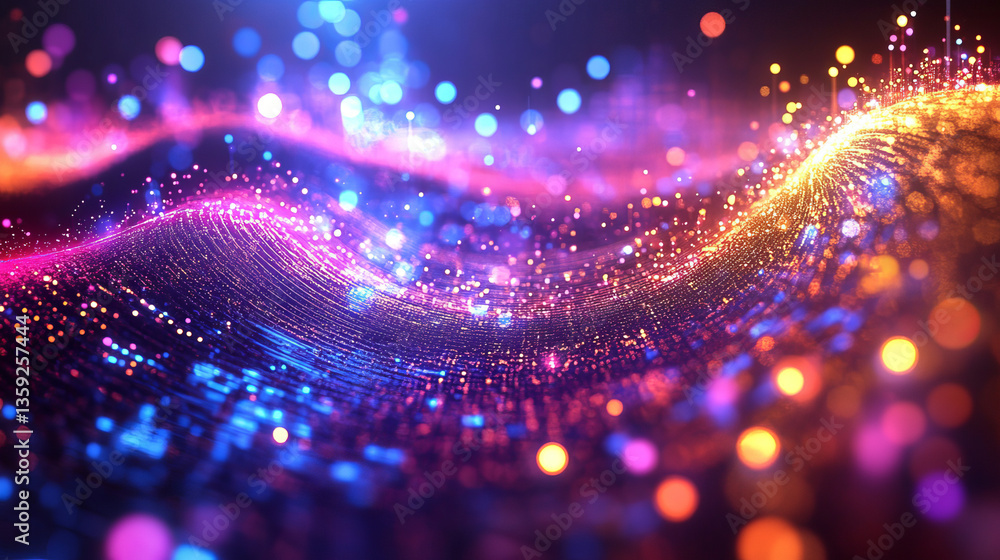 Poster hi-tech, sci-fi 3d illustration abstract musical beat. sound wave in field of big data particles. da